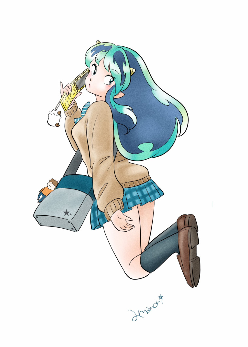 1girl, amamorituyuko, bag, black_socks, blue_eyes, brown_footwear, brown_sweater, cellphone, flip_phone, floating, green_hair, highres, holding, holding_phone, horns, kotatsu-neko, looking_at_viewer, looking_back, lum, moroboshi_ataru, oni_horns, phone, pleated_skirt, school_bag, school_uniform, skirt, socks, sweater, urusei_yatsura, white_background