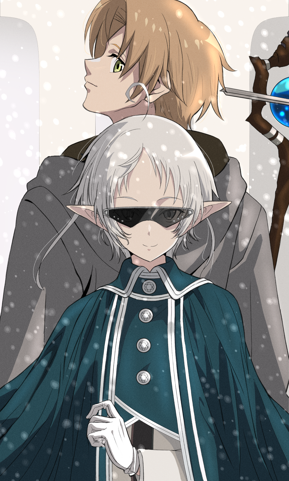1boy, 1girl, ahoge, brown_cloak, cloak, closed_mouth, elf, green_cloak