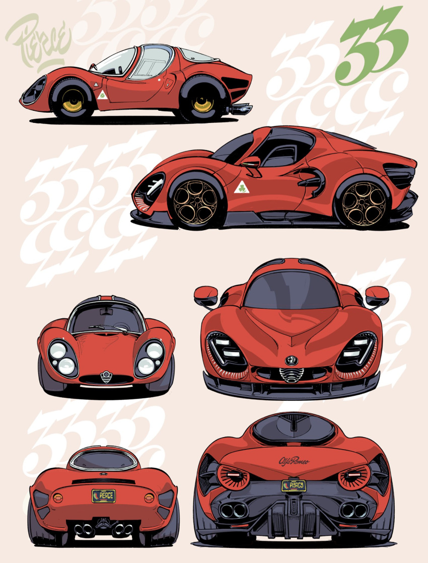 alfa_romeo, alfa_romeo_33_stradale, artist_name, car, chibi, english_commentary, evolution, highres, license_plate, motor_vehicle, multiple_views, no_humans, original, shadow, sports_car, vehicle_focus, vehicle_name, will_pierce