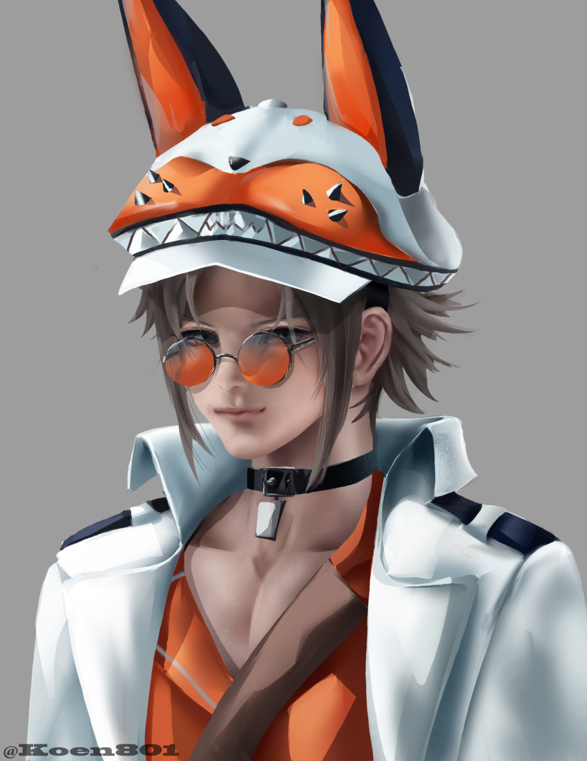 1boy, absurdres, animal_ears, coat, collar, collarbone, english_commentary, glasses