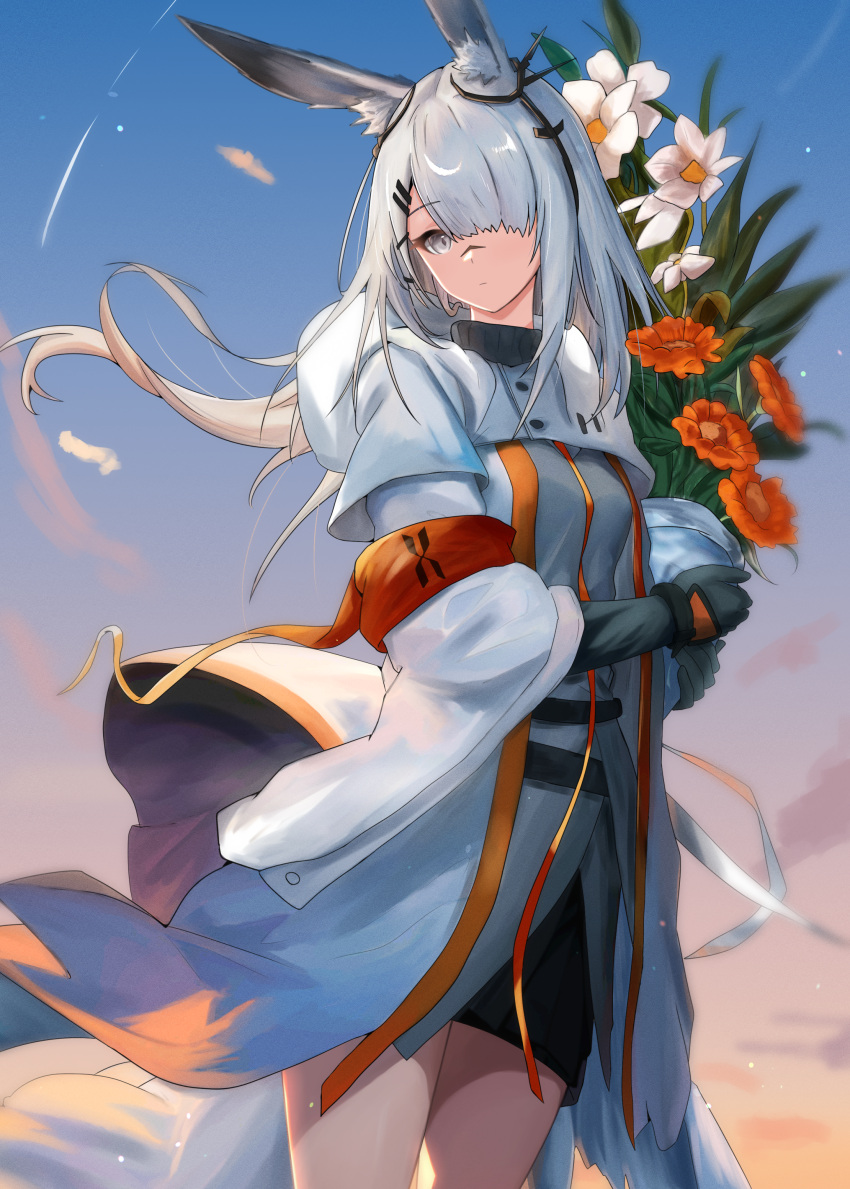 1girl, absurdres, animal_ear_fluff, animal_ears, arknights, armband, asymmetrical_bangs, black_gloves