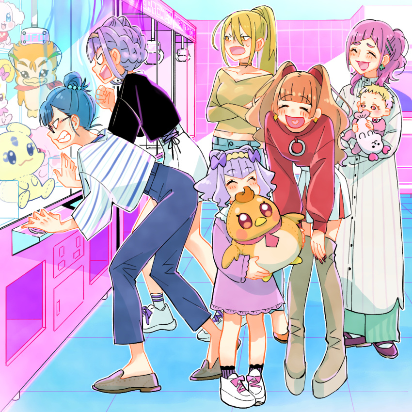 6+girls, :d, aged_up, aisaki_emiru, ankle_socks, baby, black_shirt, blank_eyes