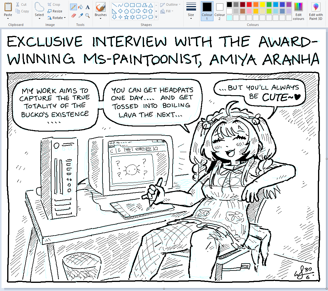 1girl, ?, ^_^, amiya_aranha, amiya_aranha_(1st_costume), art_tools_in_frame, arthropod_limbs, blush, breasts, bucko_(amiya_aranha), closed_eyes, computer, dress, english_commentary, greyscale, hairband, holding, holding_stylus, indie_virtual_youtuber, lolita_hairband, medium_breasts, microsoft_paint_(medium), microsoft_paint_(software), monitor, monochrome, open_mouth, ribbon, signature, sitting, sleeveless, sleeveless_dress, smile, solo, speech_bubble, stylus, trash_can, william_leonard