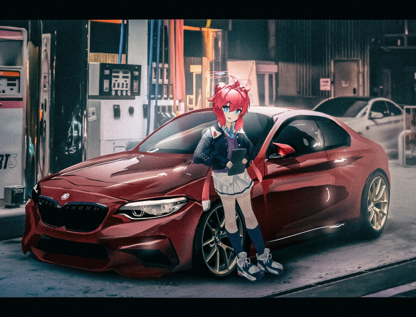 1girl, backpack, bag, black_jacket, black_socks, blue_archive, blue_necktie, bmw, bmw_m2, car, collared_shirt, grey_footwear, grey_sweater, head_tilt, highres, holding, holding_tablet_pc, jacket, letterboxed, looking_at_viewer, maki_(blue_archive), motor_vehicle, necktie, nougat_(73r1r1), open_mouth, pleated_skirt, shadow, shirt, shoes, skirt, smile, sneakers, socks, solo, sports_car, sweater, tablet_pc, vehicle_focus, white_shirt, white_skirt