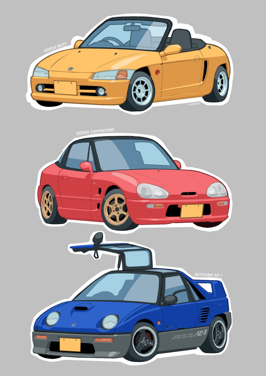 absurdres, autozam_az-1, car, convertible, english_commentary, grey_background, gullwing_doors, highres