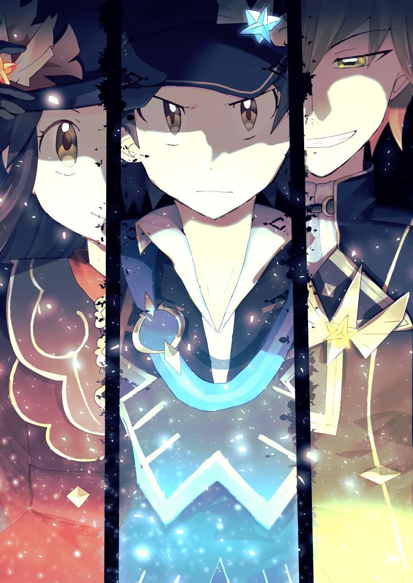 1girl, 2boys, absurdres, black_headwear, black_jacket, blue_oak, blue_oak_(champion), brown_eyes