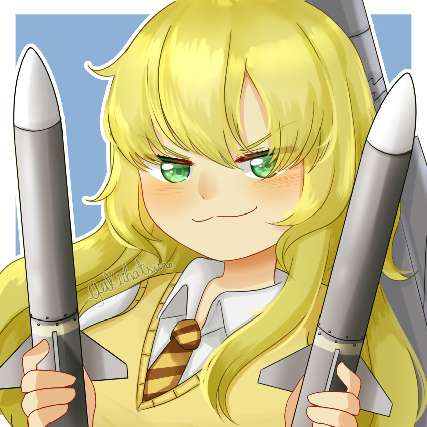 1girl, :3, absurdres, aircraft, airplane, artist_name, blonde_hair, blue_background