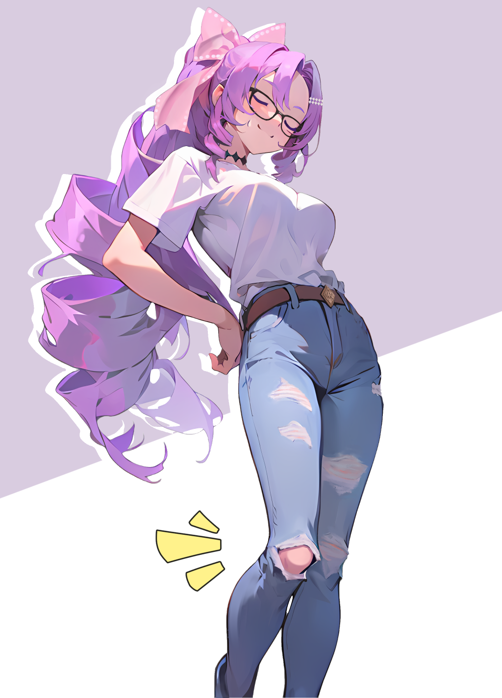 1girl, alternate_costume, argyle_choker, belt, black_choker, blush, bow, breasts, brown_belt, choker, closed_eyes, closed_mouth, denim, drill_hair, drill_sidelocks, hair_bow, hair_ornament, hairclip, hand_on_own_hip, high_ponytail, highres, hiraji, hyakumantenbara_salome, jeans, large_breasts, long_hair, nijisanji, pants, parted_bangs, pink_bow, ponytail, purple_hair, shirt, sidelocks, simple_background, smile, solo, sweatdrop, torn_clothes, torn_jeans, torn_pants, virtual_youtuber, white_background, white_shirt