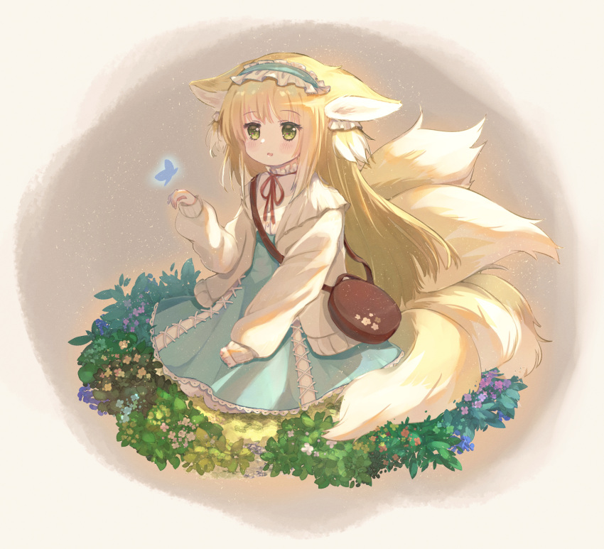 1girl, animal_ear_fluff, animal_ears, arknights, bag, blonde_hair, blue_butterfly, blue_hairband, blue_skirt, blush, brown_bag, bug, butterfly, cardigan, commentary, cross-laced_clothes, cross-laced_skirt, cross-laced_slit, fox_ears, fox_girl, fox_tail, frilled_hairband, frills, full_body, green_eyes, hair_ornament, hair_scrunchie, hairband, handbag, high-waist_skirt, highres, kitsune, kyuubi, long_hair, long_sleeves, multicolored_hair, multiple_tails, neck_ribbon, official_alternate_costume, open_cardigan, open_clothes, open_mouth, puffy_long_sleeves, puffy_sleeves, red_ribbon, revision, ribbon, round_bag, scrunchie, seiza, shirt, shoulder_bag, sitting, skirt, solo, suzuran_(arknights), suzuran_(spring_praise)_(arknights), tail, two-tone_hair, vita_(mitac), white_hair, white_shirt, yellow_cardigan
