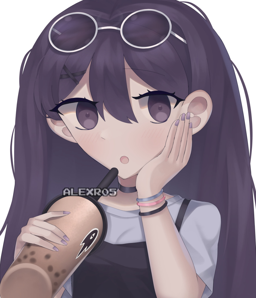 1girl, absurdres, alexr05, alternate_costume, bracelet, bubble_tea, cup, eyewear_on_head, hair_ornament, hairclip, hand_on_own_face, highres, holding, holding_cup, jewelry, looking_at_viewer, mari_(omori), multiple_bracelets, omori, purple_hair, purple_nails, round_eyewear, self-upload, sunglasses, violet_eyes, white-framed_eyewear