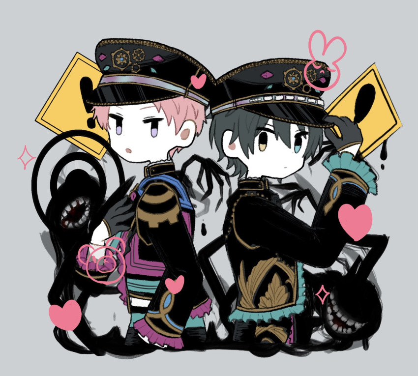 2boys, adjusting_clothes, adjusting_headwear, aqua_eyes, black_gloves, black_headwear, closed_mouth, commentary_request, ensemble_stars!, gears, gloves, green_hair, grey_background, hand_up, heart, highres, itsuki_shu, kagehira_mika, long_sleeves, looking_at_viewer, machina_(ensemble_stars!), male_focus, manikamo19, multiple_boys, official_alternate_costume, open_mouth, pink_hair, short_bangs, short_hair, star_(symbol), teeth, upper_body, valkyrie_(ensemble_stars!), violet_eyes, yellow_eyes