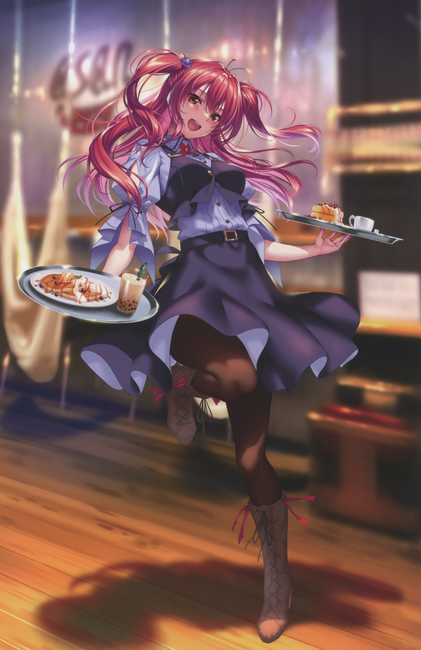 1girl, absurdres, blurry, blurry_background, blush, boots, breasts, brown_eyes