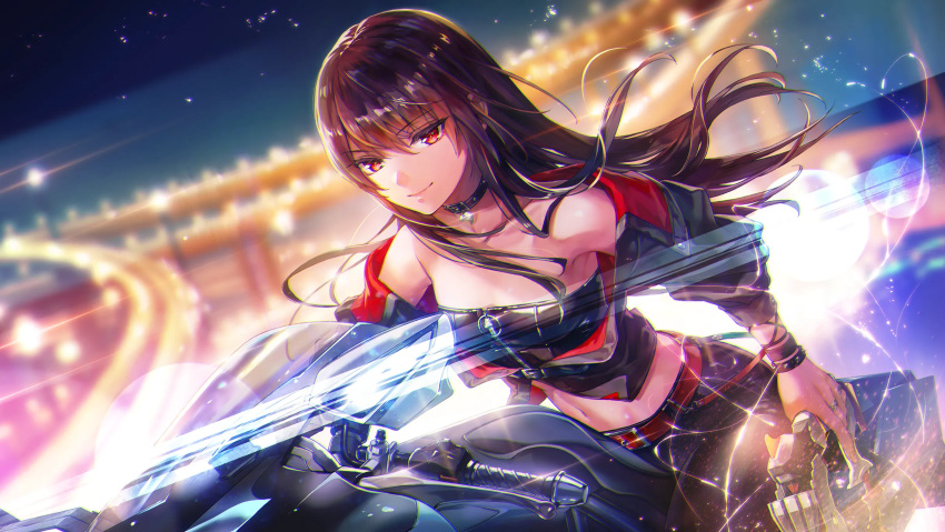 1girl, belt, black_hair, black_pants, breasts, choker, collarbone, cropped_jacket