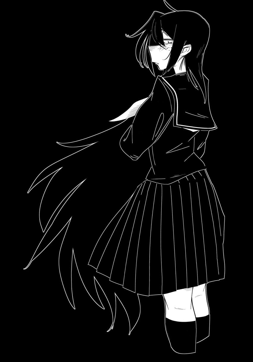 1girl, ahoge, awa_nana, black_background, expressionless, freckles, greyscale, highres