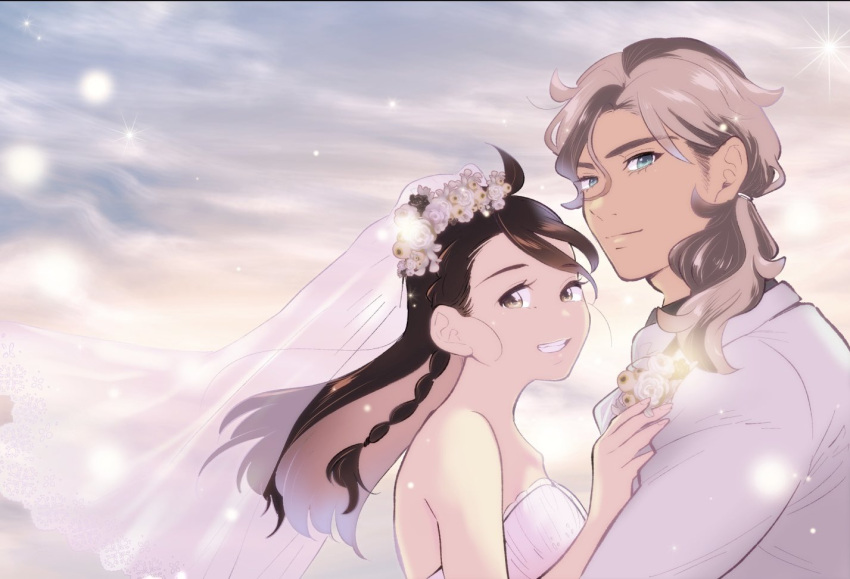 1boy, 1girl, aged_up, alternate_hairstyle, arven_(pokemon), braid, bridal_veil, brown_eyes, brown_hair, dress, formal, grin, hetero, ikahotaru2zi, juliana_(pokemon), light_brown_hair, long_hair, looking_at_viewer, multicolored_hair, pokemon, pokemon_(game), pokemon_sv, ponytail, sleeveless, smile, veil, wedding, wedding_dress