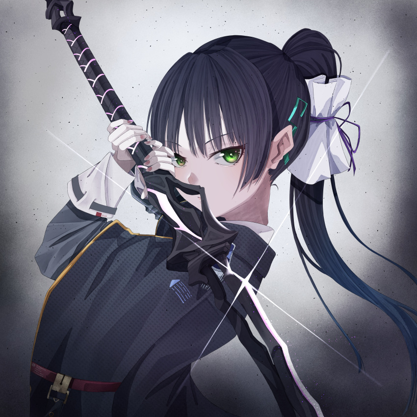 1girl, absurdres, black_hair, cape, green_eyes, heaven_burns_red, highres, holding