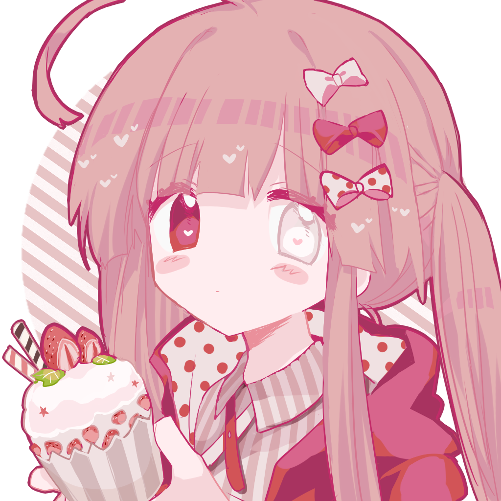 1girl, ahoge, blush_stickers, bow, brown_shirt, closed_mouth, collared_shirt, cupcake