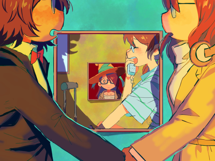 1boy, 1girl, adventure_time, betty_grof, black_hair, bow, bowtie, glasses, hair_over_one_eye, hat, headphones, headphones_around_neck, highres, long_sleeves, petpetschale47, red_bow, red_bowtie, shirt, short_hair, simon_petrikov, striped, striped_shirt, wizard_hat