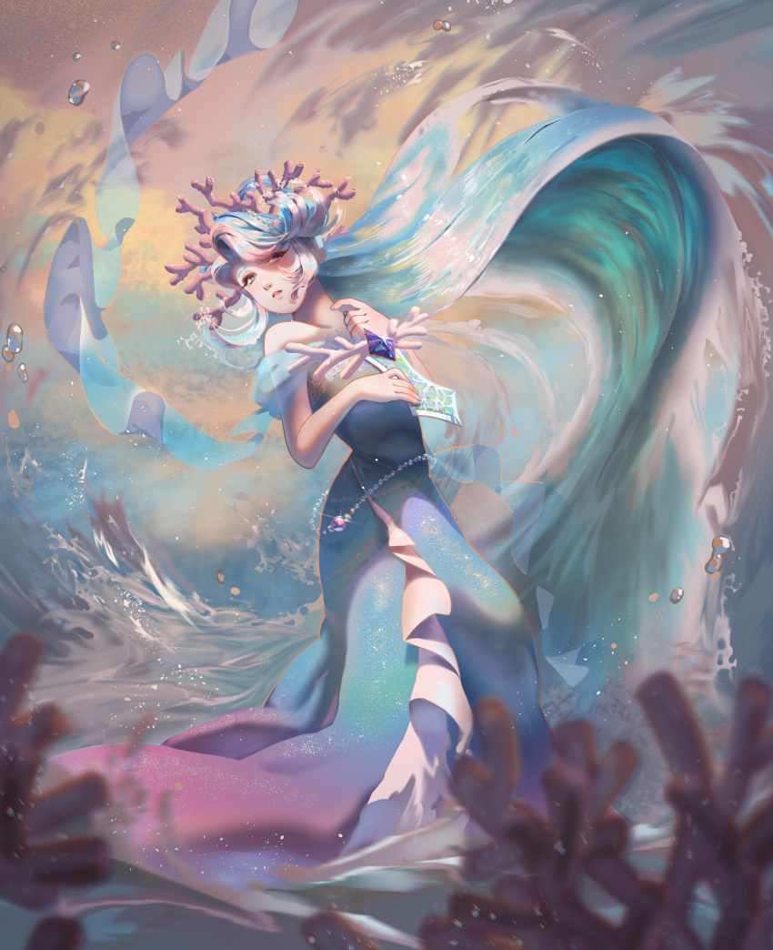1girl, absurdres, aqua_nails, blue_dress, cookie_run, coral, coral_hair_ornament, dress, highres, open_mouth, sea_fairy_cookie, solo, standing, tina616161, water