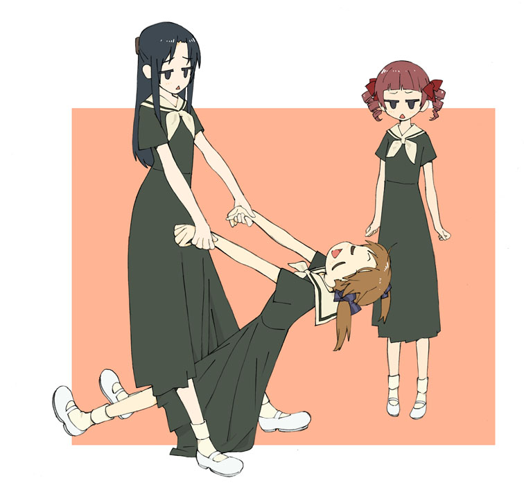black_hair, brown_hair, closed_eyes, drill_hair, fukuzawa_yumi, holding_hands, hosokawa_kanako, long_hair, maria-sama_ga_miteru, matsudaira_touko, nse, red_hair, school_uniform, simple_background, twin_drills, twintails