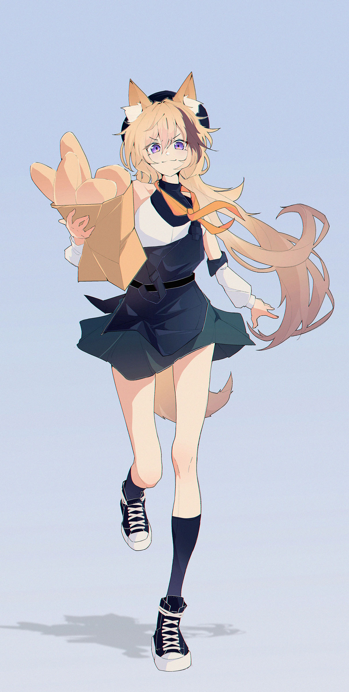 1girl, :3, absurdres, animal_ear_fluff, animal_ears, arknights, bag, black_footwear, black_headwear, black_overalls, black_skirt, black_socks, blue_background, bread, brown_hair, cardigan_(arknights), dog_ears, dog_girl, dog_tail, food, hair_between_eyes, hat, highres, holding, holding_bag, long_hair, looking_at_viewer, multicolored_hair, neckerchief, orange_neckerchief, overalls, postalworks, shirt, shoes, simple_background, skirt, socks, solo, streaked_hair, tail, v-shaped_eyebrows, very_long_hair, violet_eyes, walking, white_shirt