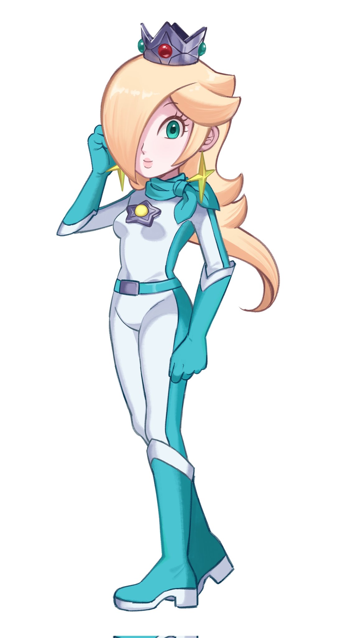 1girl, biker_clothes, biker_rosalina, bikesuit, blonde_hair, blue_eyes, blue_footwear, blue_gloves