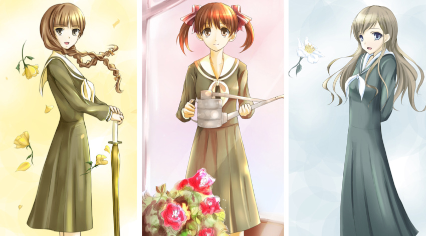 braid, brown_eyes, brown_hair, flower, fukuzawa_yumi, long_hair, maria-sama_ga_miteru, masaki_eiji, rose, school_uniform, shimazu_yoshino, shinai, sword, toudou_shimako, twin_braids, twintails, watering_can, weapon