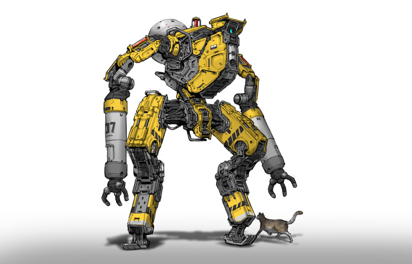 cat, cho_yonghee, comparison, concept_art, english_commentary, gradient_background, machinery, mecha