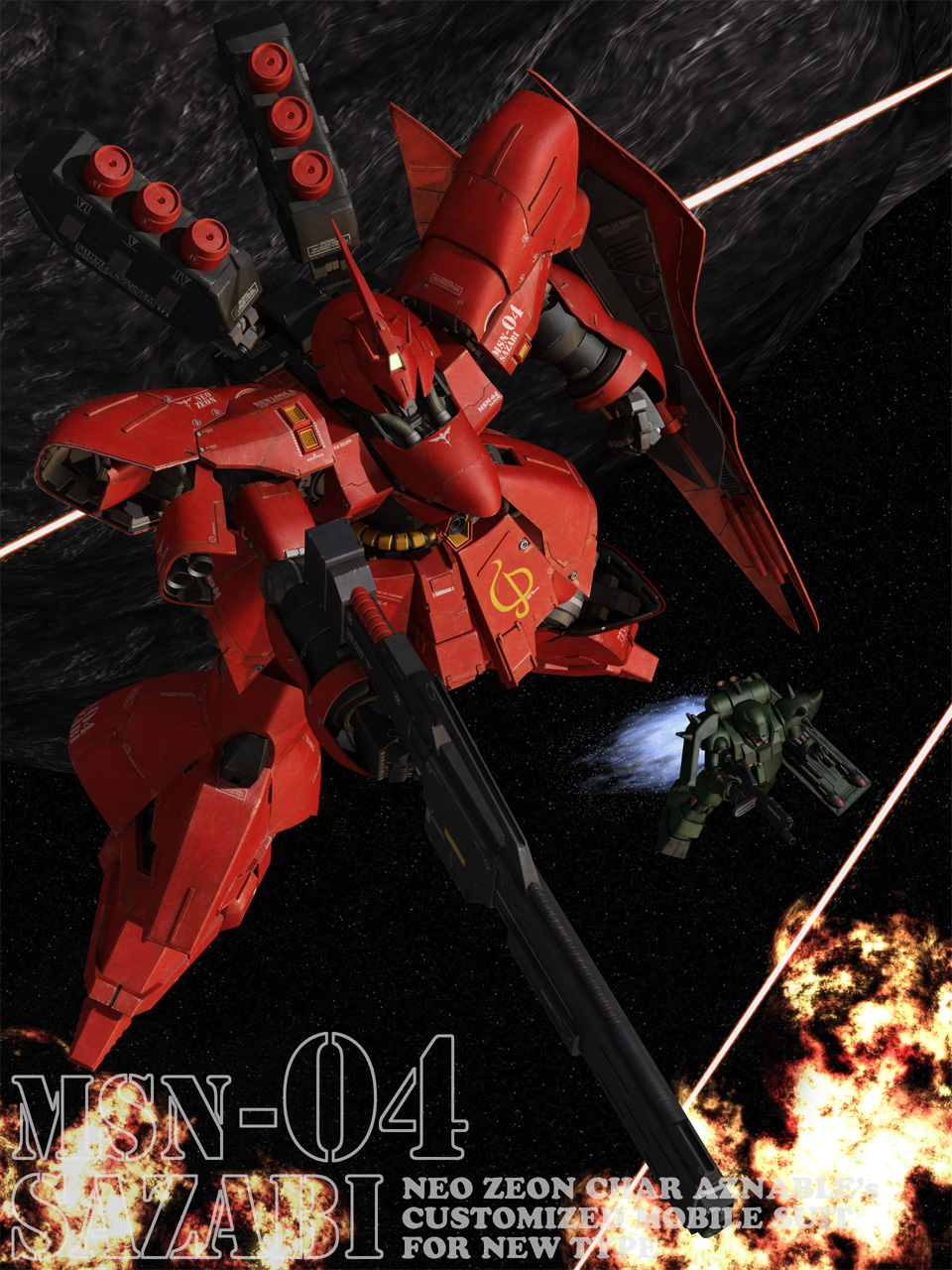 3d, battle, beam_rifle, char's_counterattack, character_name, commentary_request, energy_beam, energy_gun, english_text, explosion, funnels_(gundam), geara_doga, gundam, highres, machinery, mecha, mobile_suit, no_humans, robot, roundel, sazabi, science_fiction, shield, space, thrusters, tomholy, weapon