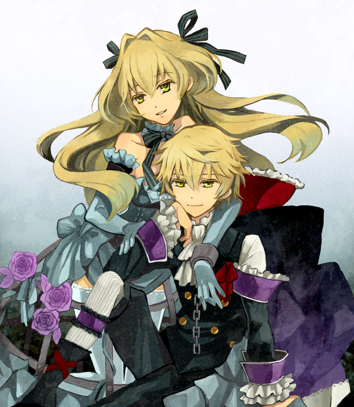 blonde_hair, boots, brother_and_sister, choker, cuffs, dress, formal, gloves