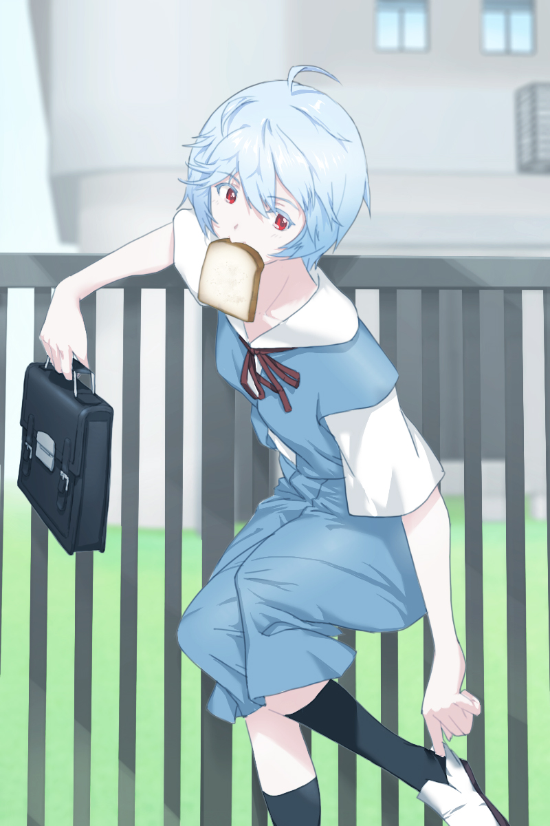 1girl, ayanami_rei, black_socks, blue_hair, bread, bread_slice, food, food_in_mouth