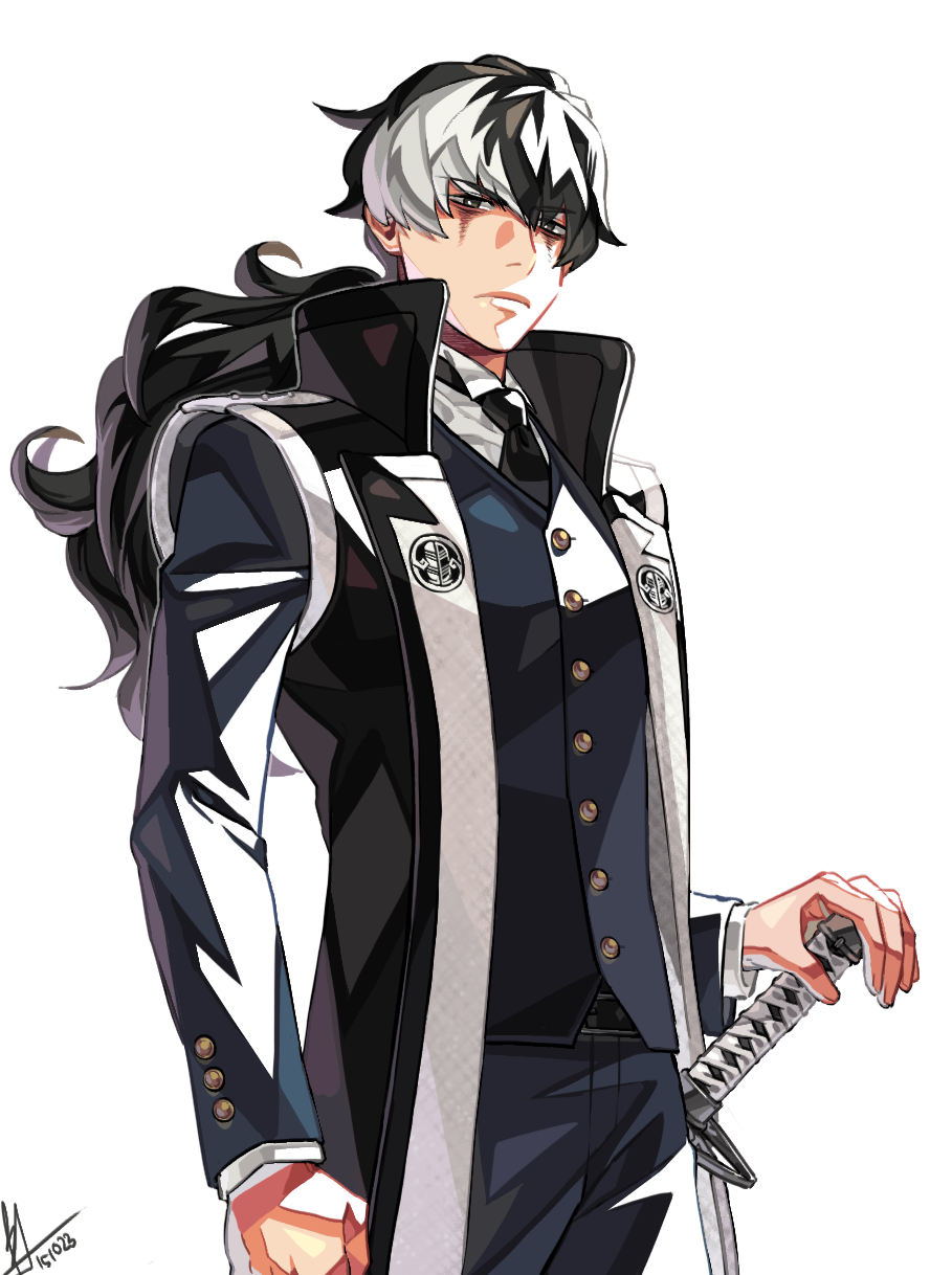 1boy, ace_attorney, arm_at_side, black_coat, black_hair, black_jacket, black_necktie, black_pants