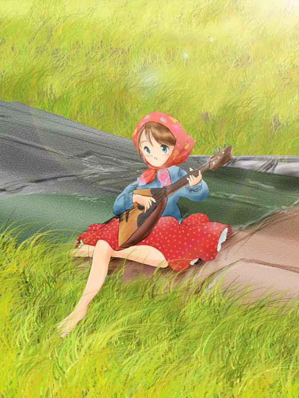 1girl, after_battle, aircraft, airplane, balalaika_(instrument), barefoot, battle_of_kursk, blue_eyes, blush, brown_hair, celebration, commentary_request, debris, good_end, grass, head_scarf, instrument, military, music, original, playing_instrument, real_life, retro_artstyle, ruins, russia, russian_clothes, saki_jun'ya, scarf, sitting, sketch, skirt, victory, world_war_ii, wreckage