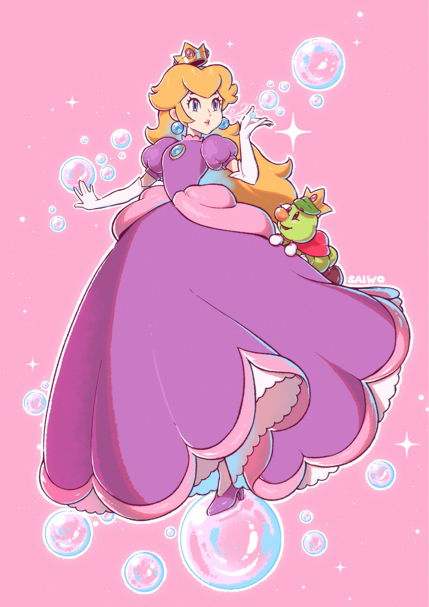 1girl, blonde_hair, blue_eyes, brooch, bubble, bubble_peach, caterpillar, crown