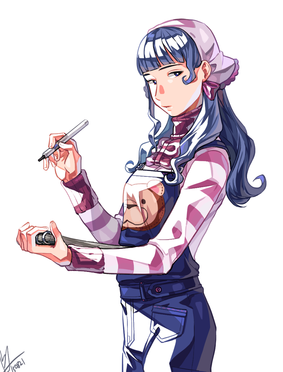 1girl, ace_attorney, animal_print, bear_print, blue_eyes, blue_hair, blue_overalls, blunt_bangs, cowboy_shot, dated, half-closed_eyes, hand_up, head_scarf, highres, holding, holding_notepad, holding_pen, light_smile, long_hair, long_sleeves, looking_at_viewer, miz_(bannako), notepad, overalls, parted_lips, pen, pink_headwear, pink_shirt, pocket, print_overalls, shirt, sidelocks, signature, simple_background, solo, striped, striped_shirt, turtleneck, vera_misham, wavy_hair, white_background