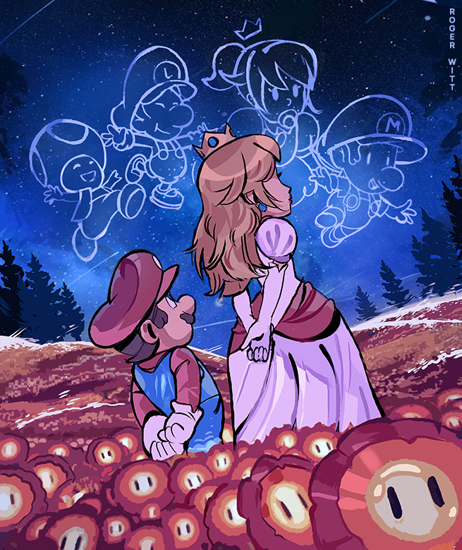 arms_behind_back, blonde_hair, blue_overalls, brown_hair, crown, dress, earrings, elbow_gloves