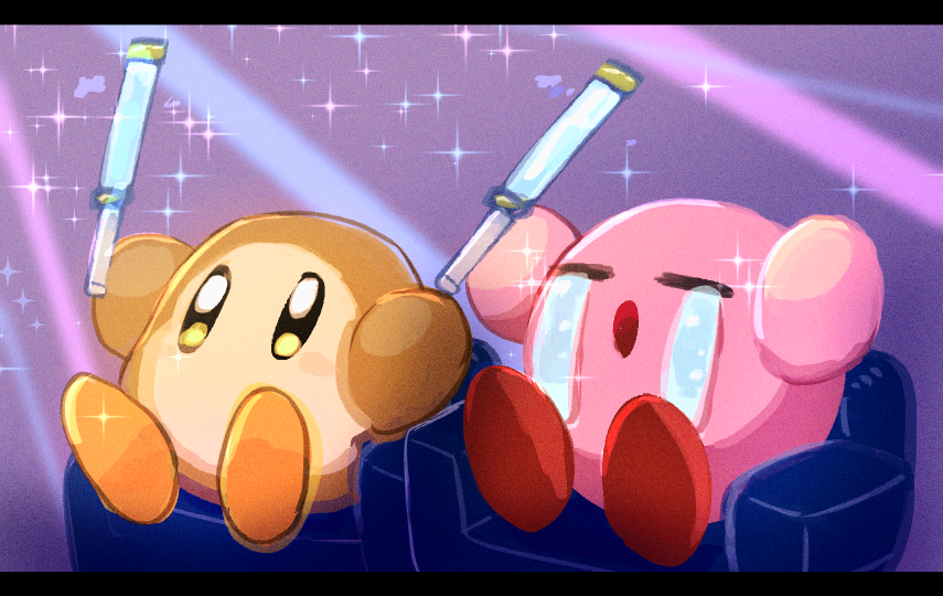 chair, colored_skin, commentary_request, crying, holding_glowstick, kirby, kirby_(series), kirby_30th_anniversary_music_festival