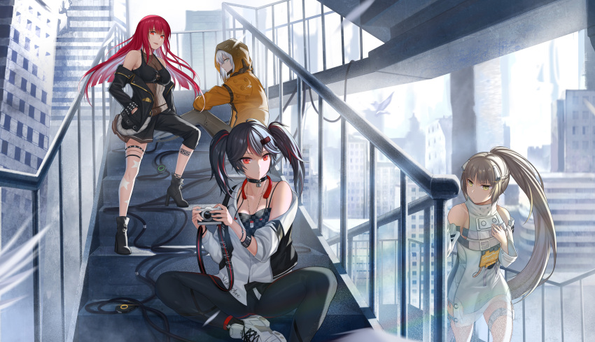 4girls, absurdres, asymmetrical_legwear, bare_shoulders, black_choker, black_footwear, black_hair, black_jacket