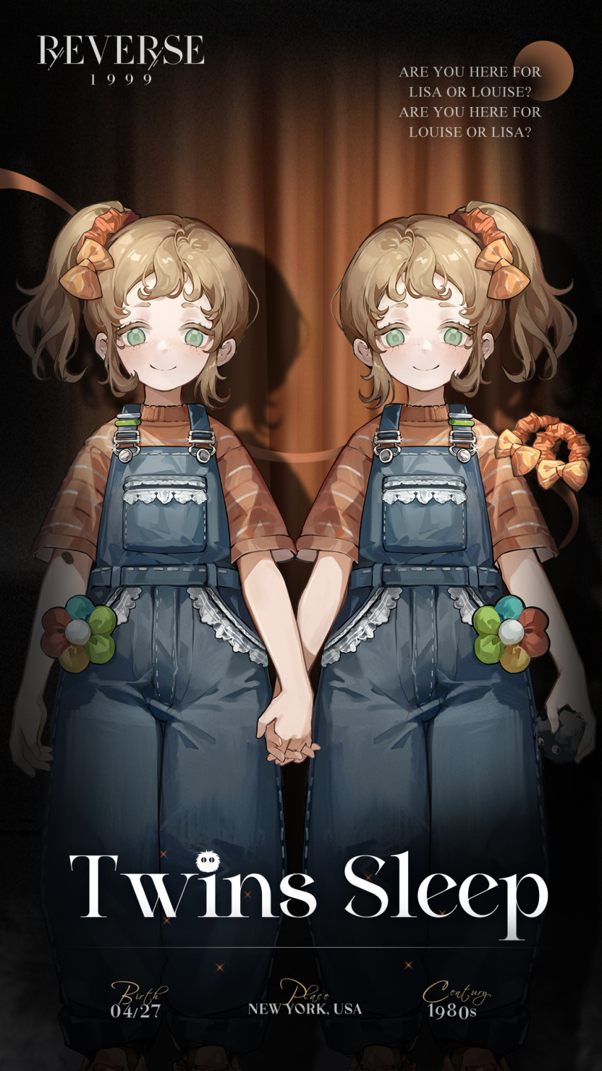 2girls, blue_overalls, bow, brown_background, brown_hair, character_name, child, closed_mouth, copyright_name, creature, curtains, english_text, feet_out_of_frame, freckles, grady_sisters_(the_shining), green_eyes, hair_bow, hair_ornament, hair_scrunchie, highres, holding, holding_creature, holding_hands, logo, looking_at_viewer, multicolored_flower, multiple_girls, official_art, one_side_up, orange_bow, orange_scrunchie, orange_shirt, overalls, parody, reverse:1999, scrunchie, shirt, short_eyebrows, short_hair, short_sleeves, siblings, smile, spotlight, striped, striped_shirt, t-shirt, the_shining, twins, twins_sleep