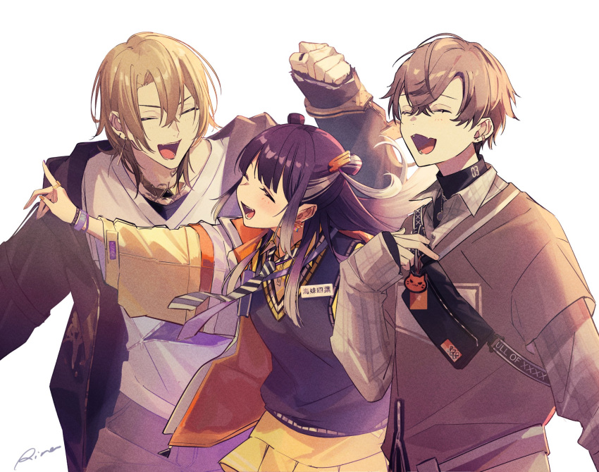 1girl, 2boys, alban_knox, alban_knox_(2nd_costume), black_hair, black_jacket, black_sweater_vest, blonde_hair