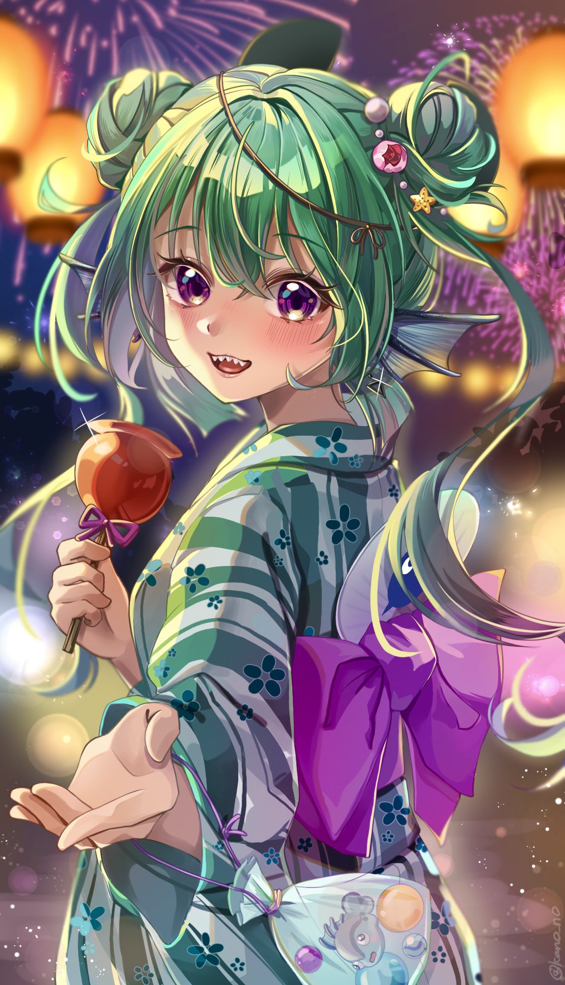 1girl, bag, bagged_fish, bow, commentary, double_bun, english_commentary, finana_ryugu
