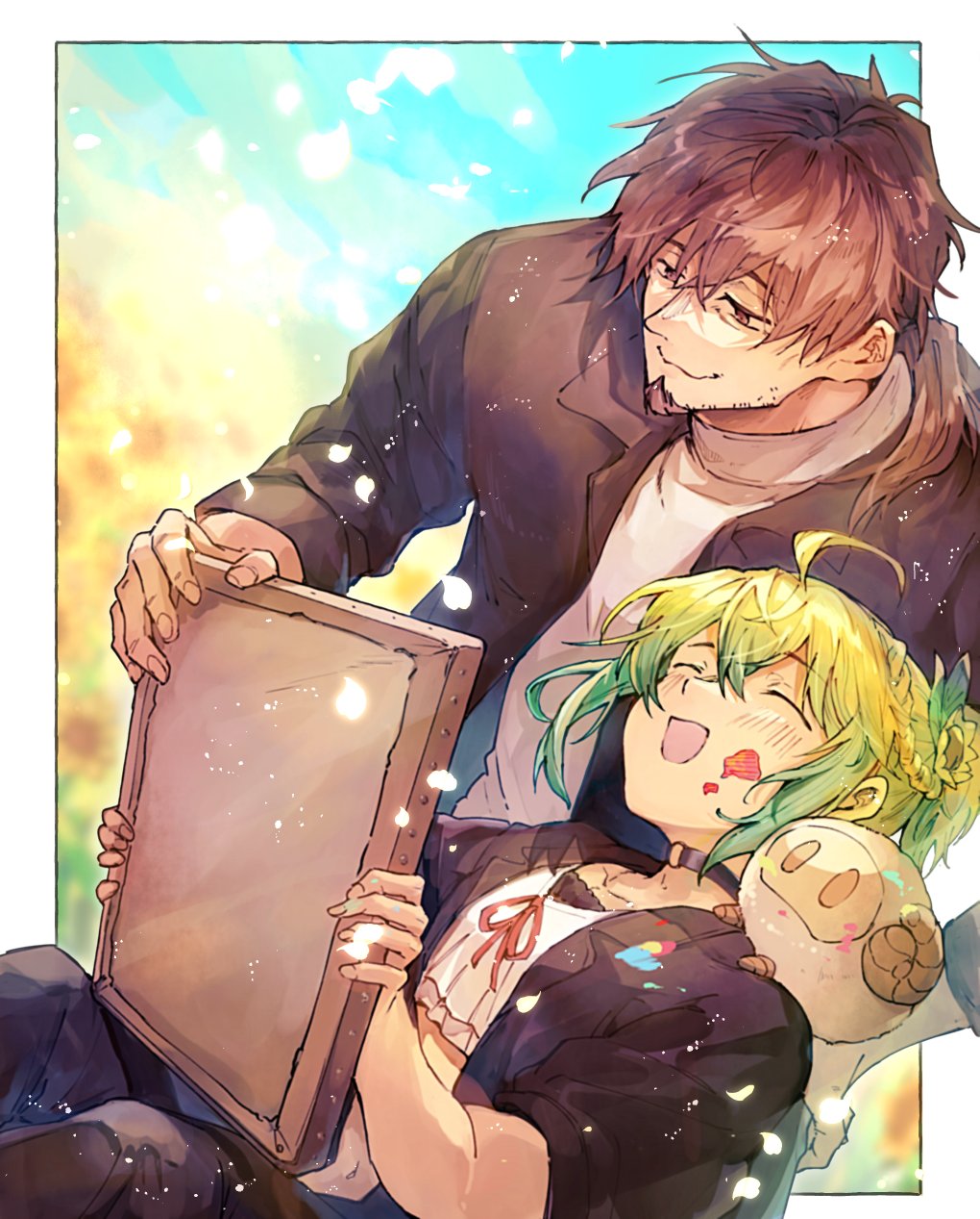 2boys, ahoge, animal_on_shoulder, apollo_(fate), black_choker, black_jacket, black_pants, blush