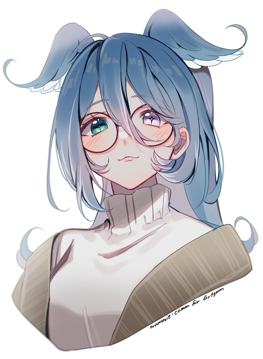 1girl, aqua_eyes, blue_hair, blue_wings, blush, elira_pendora, elira_pendora_(3rd_costume), glasses