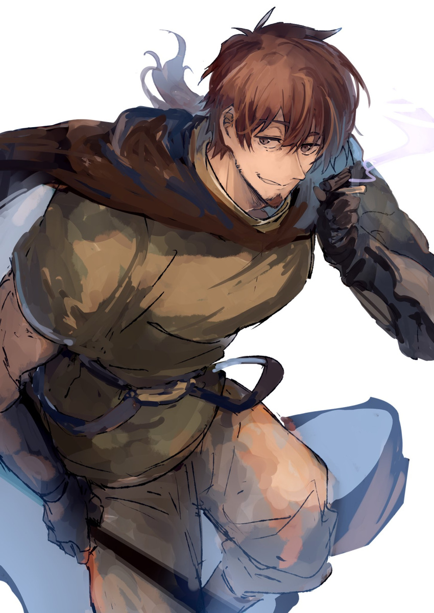 1boy, belt, black_gloves, brown_cape, brown_eyes, brown_hair, cape, cigarette