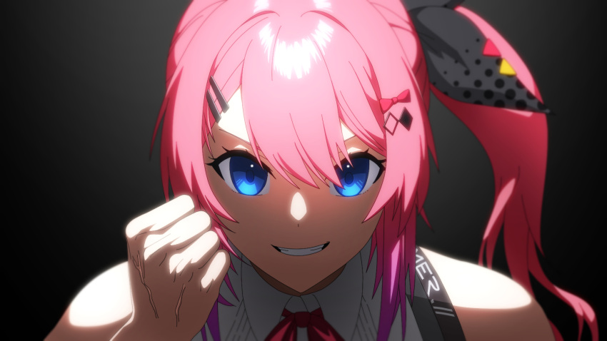 1girl, blue_eyes, clenched_hand, collared_shirt, gradient_hair, grin, hair_ornament, hairclip