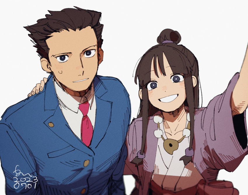 1boy, 1girl, ace_attorney, arm_up, black_hair, blue_eyes, blue_jacket, blunt_bangs, collared_shirt, dated, erm_nkcn, grin, hair_ornament, half_updo, hand_on_another's_shoulder, hanten_(clothes), highres, jacket, japanese_clothes, jewelry, kimono, long_hair, long_sleeves, looking_at_viewer, magatama, magatama_necklace, maya_fey, necklace, necktie, open_mouth, outstretched_arm, parted_bangs, phoenix_wright, purple_jacket, red_necktie, selfie, shirt, short_hair, sidelocks, signature, smile, spiky_hair, sweatdrop, upper_body, white_kimono, white_shirt