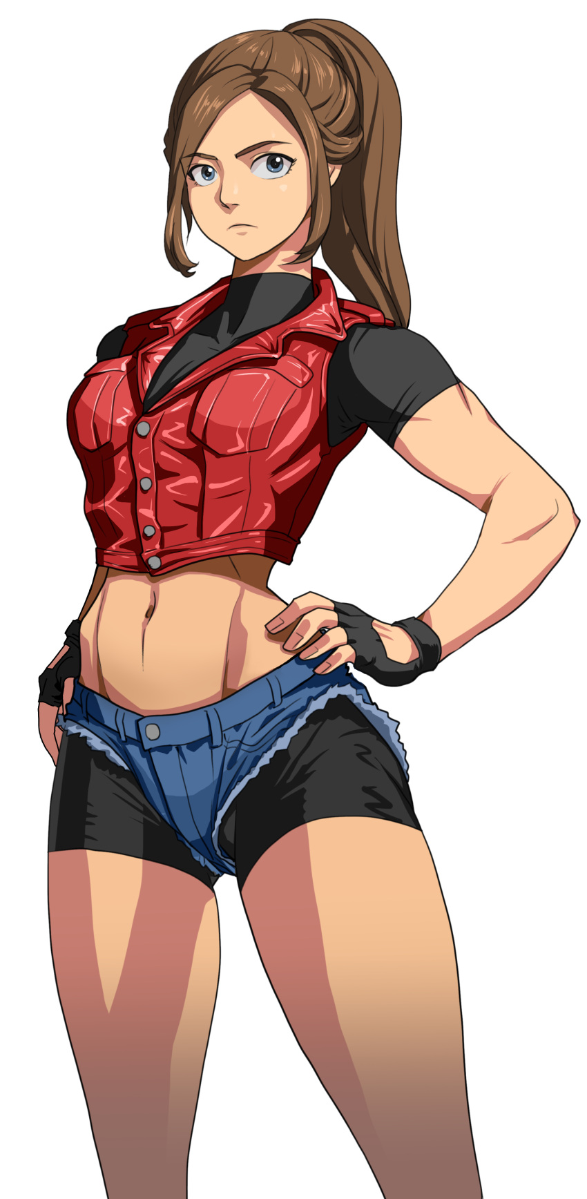 1990s_(style), 1girl, absurdres, bike_shorts, bike_shorts_under_shorts, black_shirt, black_shorts, blue_eyes