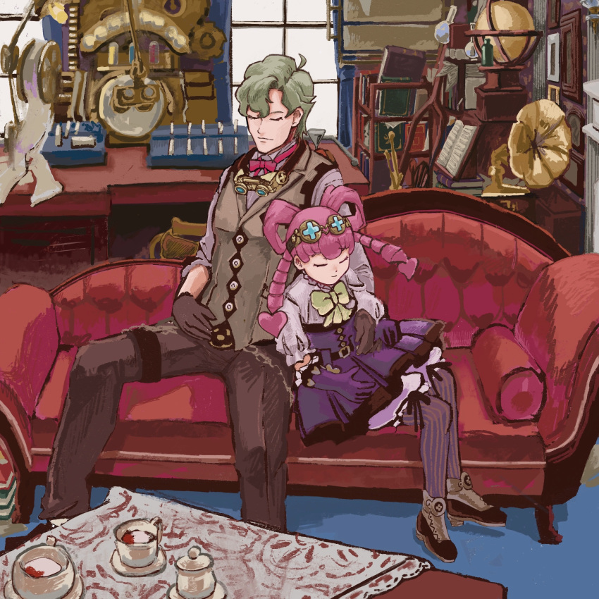 1boy, 1girl, ace_attorney, belt, black_belt, blonde_hair, book, bow, bow-shaped_hair, brown_footwear, brown_gloves, brown_vest, closed_eyes, closed_mouth, couch, cup, dress, drill_hair, facing_viewer, flask, globe, gloves, goggles, goggles_around_neck, goggles_on_head, hair_rings, herlock_sholmes, highres, indoors, iris_wilson, leaning_on_person, legs_apart, long_hair, long_sleeves, neck_ribbon, on_couch, pink_hair, pink_ribbon, pink_shirt, puffy_sleeves, purple_dress, purple_gloves, ribbon, shirt, shoes, short_hair, sitting, sleeping, sleeping_upright, smile, table, tablecloth, teacup, teapot, the_great_ace_attorney, twintails, vest, waraku_terasu, window, yellow_bow