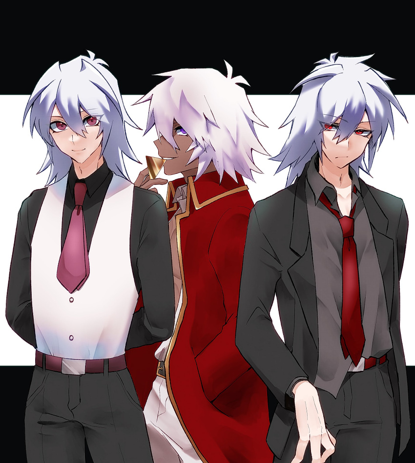 3boys, alternate_costume, arms_behind_back, bakura_ryou, belt, black_background, black_jacket, black_pants