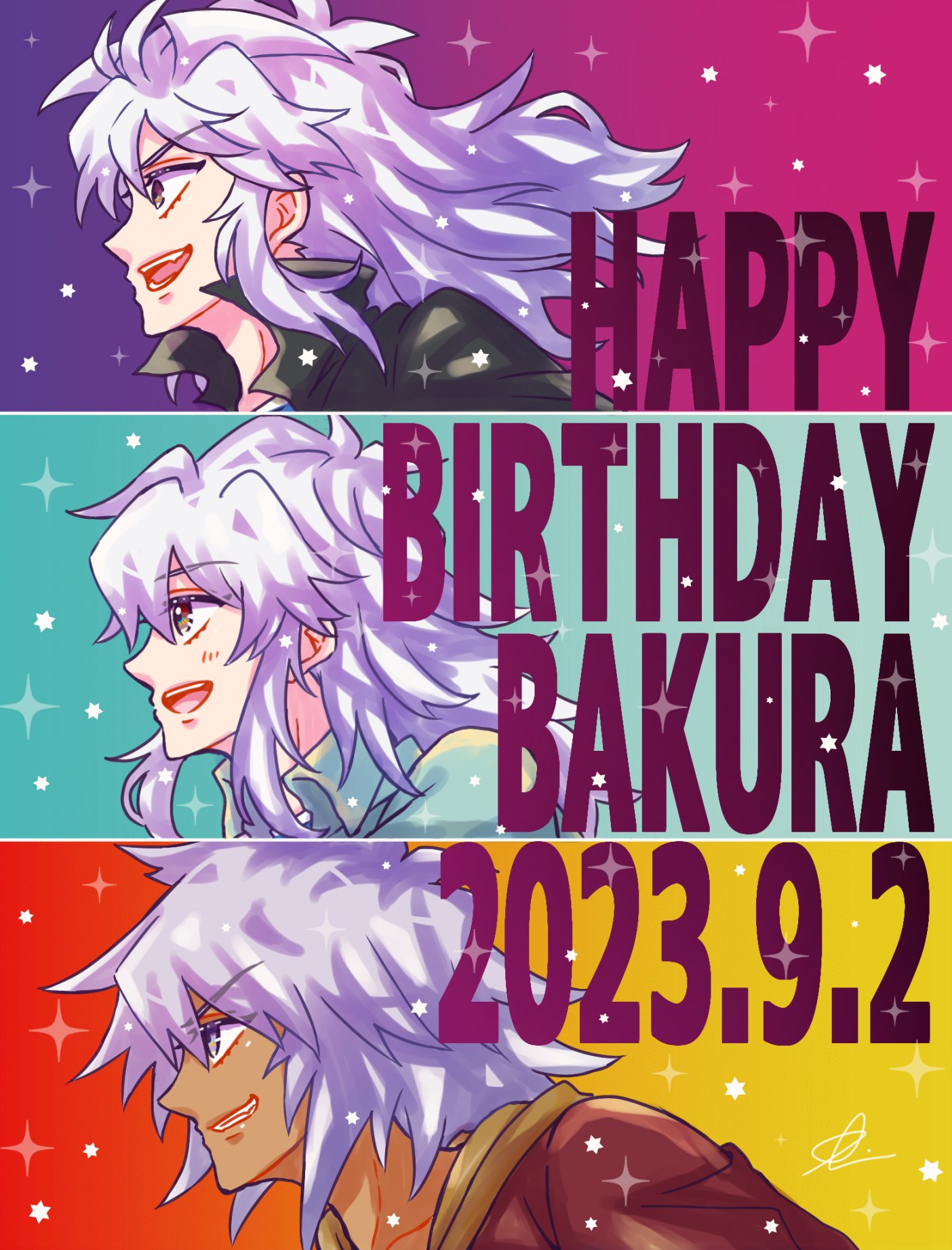 3girls, bakura_ryou, black_shirt, blue_shirt, character_name, commentary_request, dark-skinned_male, dark_skin
